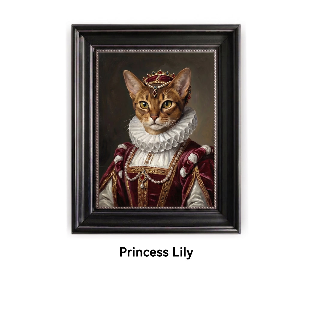 Framed portrait of a cat dressed in regal attire with 'Princess Lily' text below.