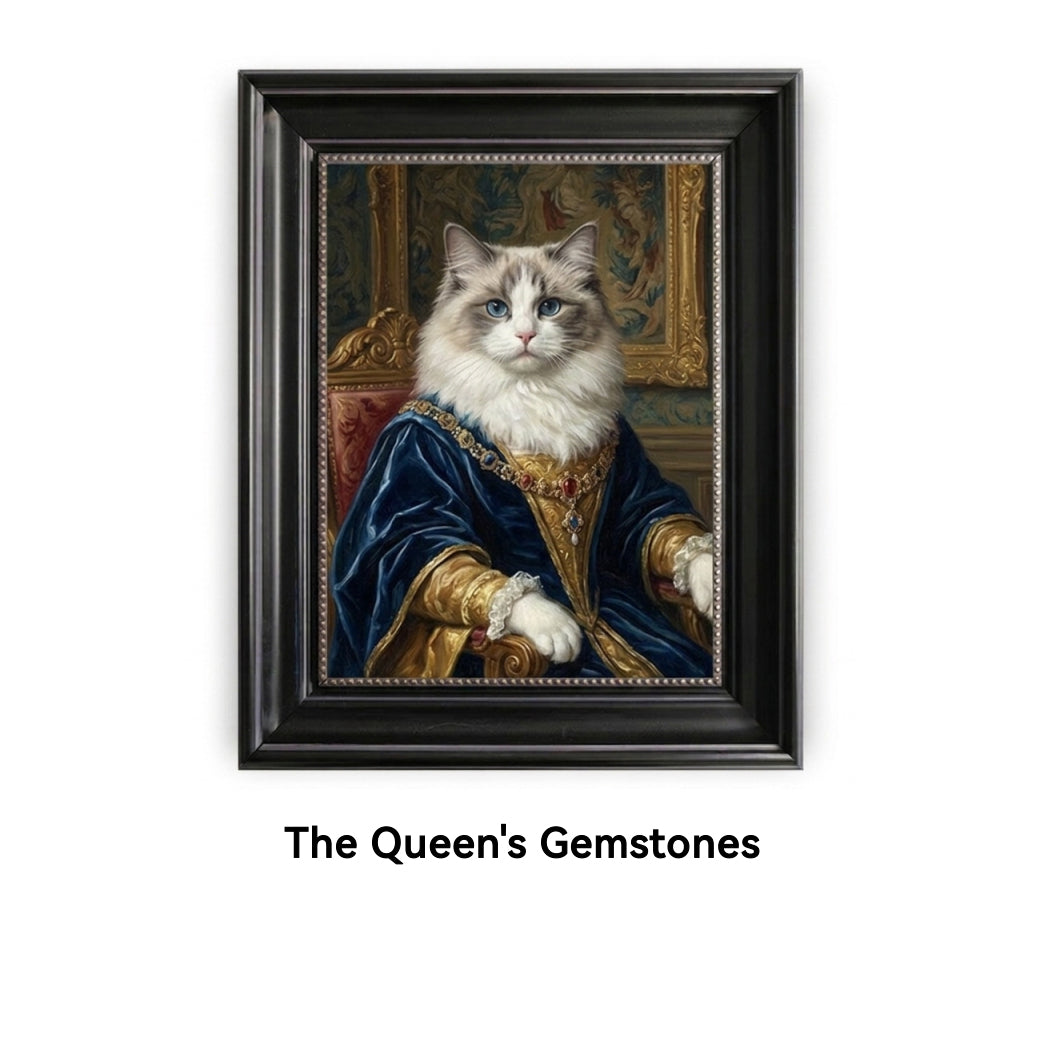 Framed painting of a cat in regal attire with 'The Queen's Gemstones' text.