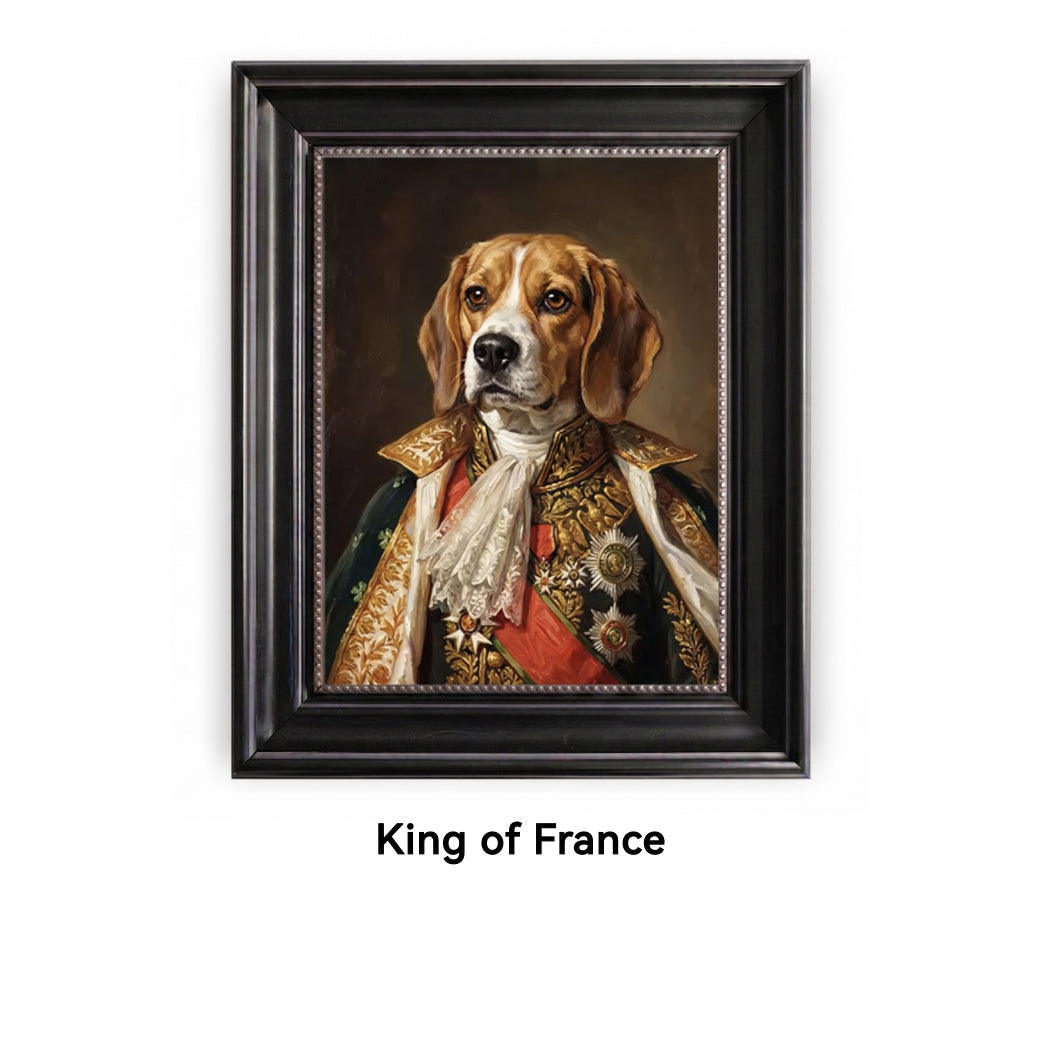 Framed painting of a dog dressed in regal attire with 'King of France' text below.