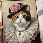 Painting of a cat wearing a hat and ornate clothing with a rose.