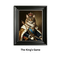 Framed artwork of a cat dressed in royal attire with a crown, titled 'The King's Game'.