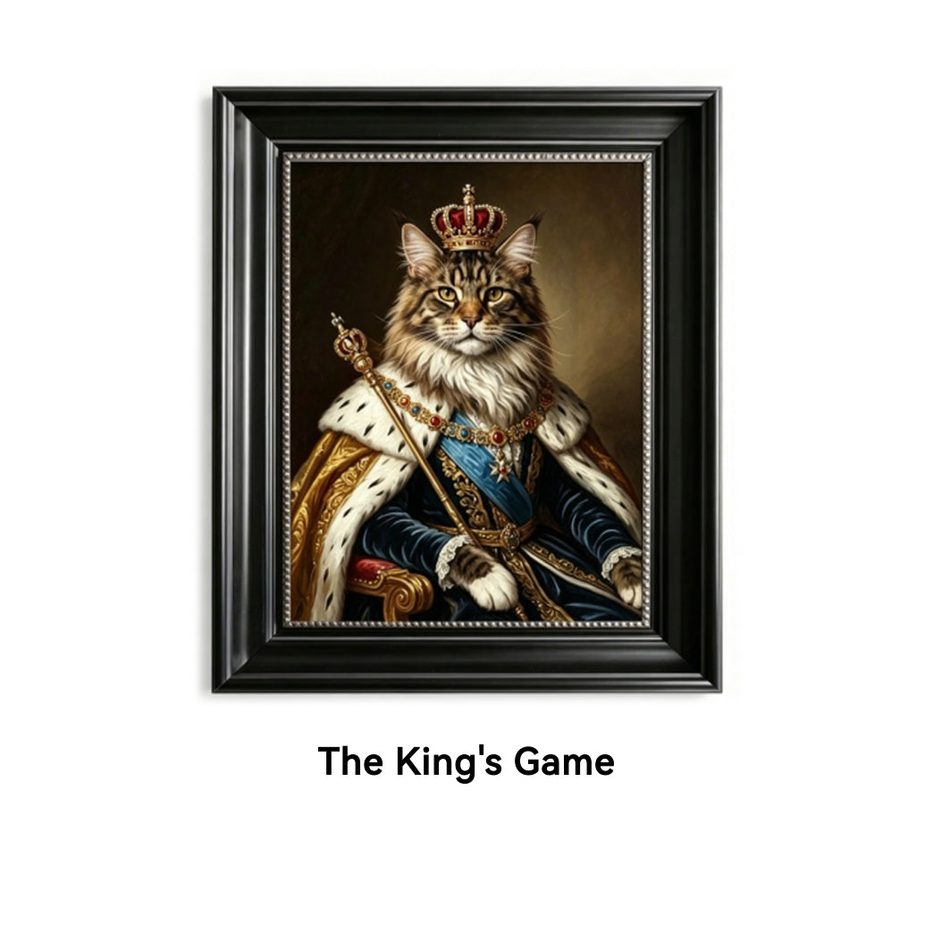 Framed artwork of a cat dressed in royal attire with a crown, titled 'The King's Game'.