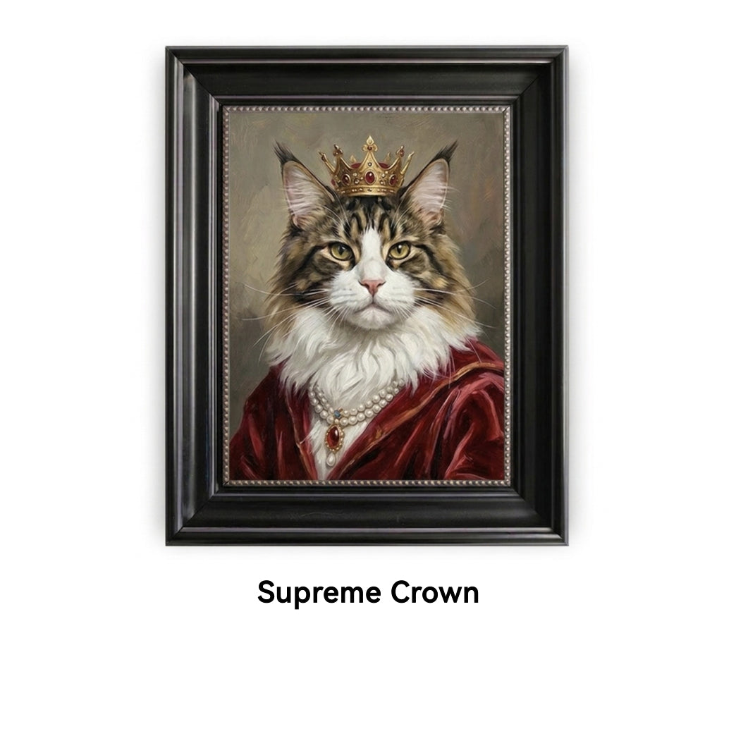Framed portrait of a cat wearing a crown with 'Supreme Crown' text below.