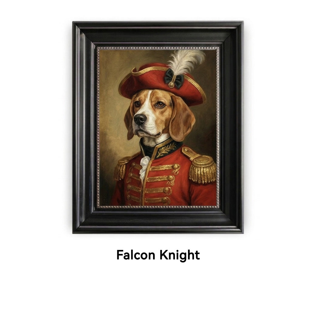 Framed portrait of a dog in regal attire with a red hat on a white background
