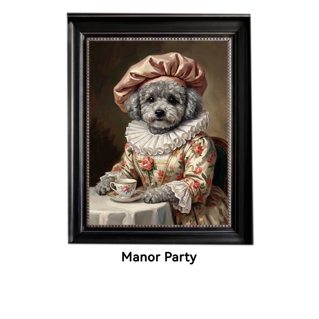 Framed artwork of a dog in historical attire with a cup and saucer, labeled 'Manor Party'.