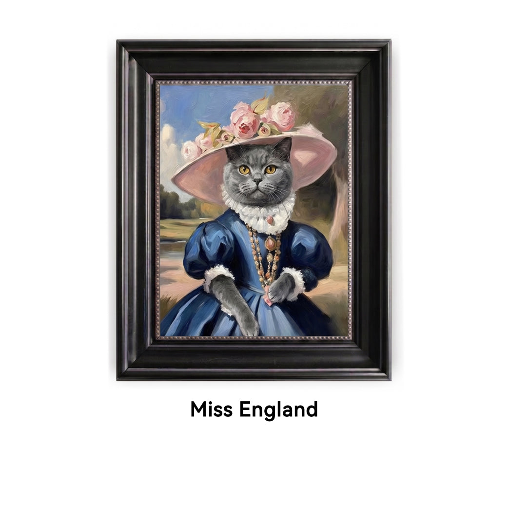 Framed artwork of a cat in a blue dress and pink hat with 'Miss England' text.
