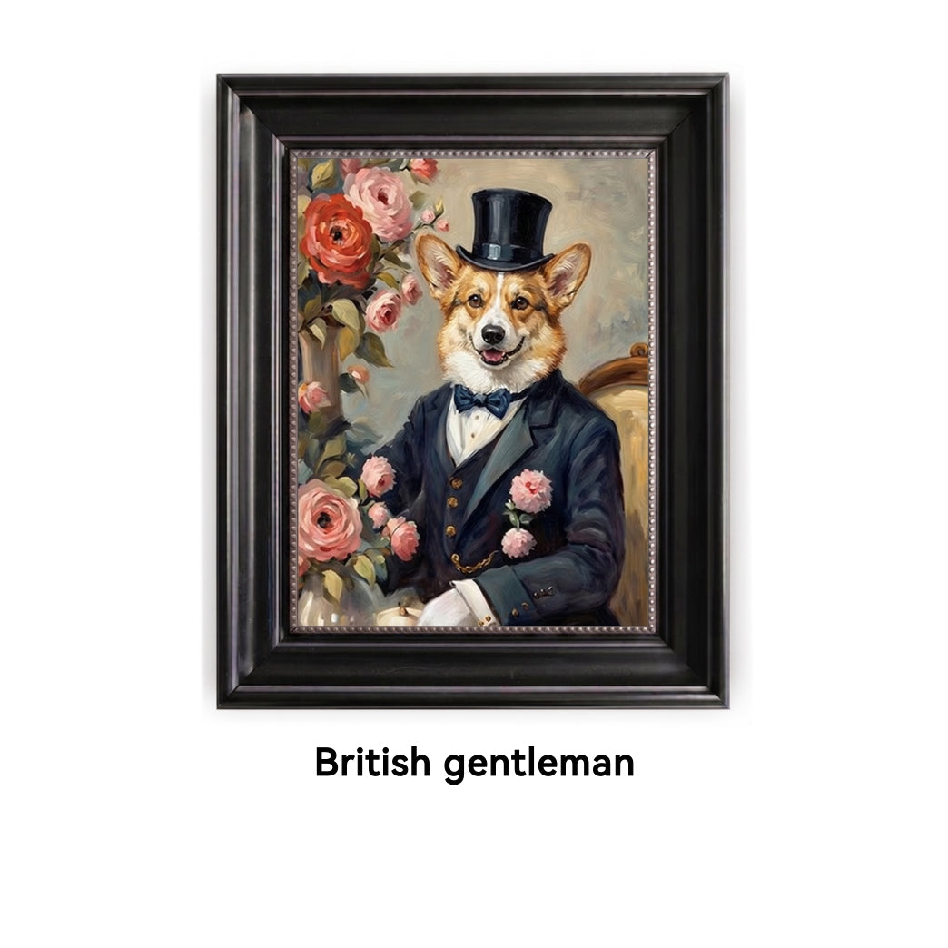Framed artwork of a dog dressed as a British gentleman with flowers and a top hat.
