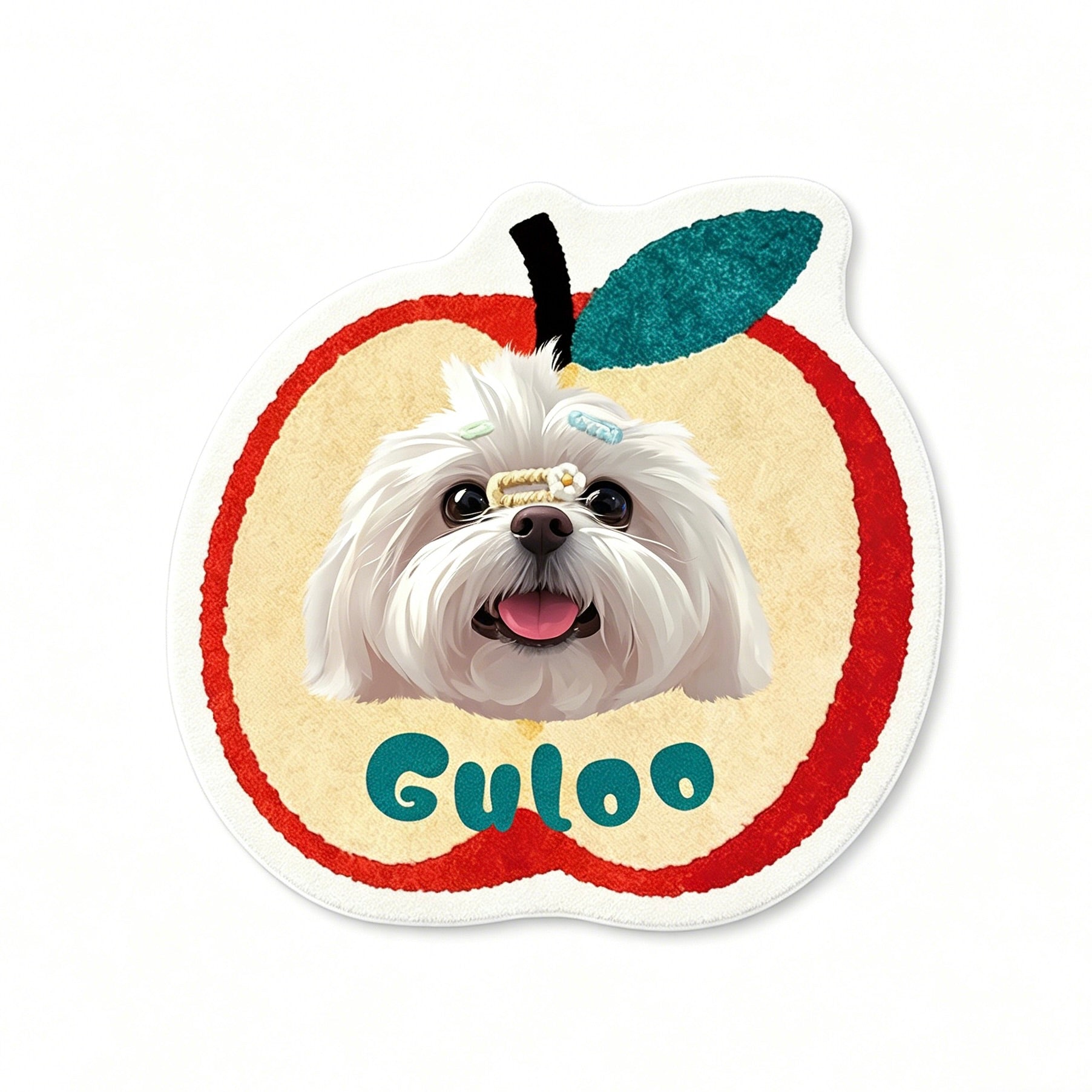 Sticker of a white dog with a red apple border and 'Guloo' branding on a white background