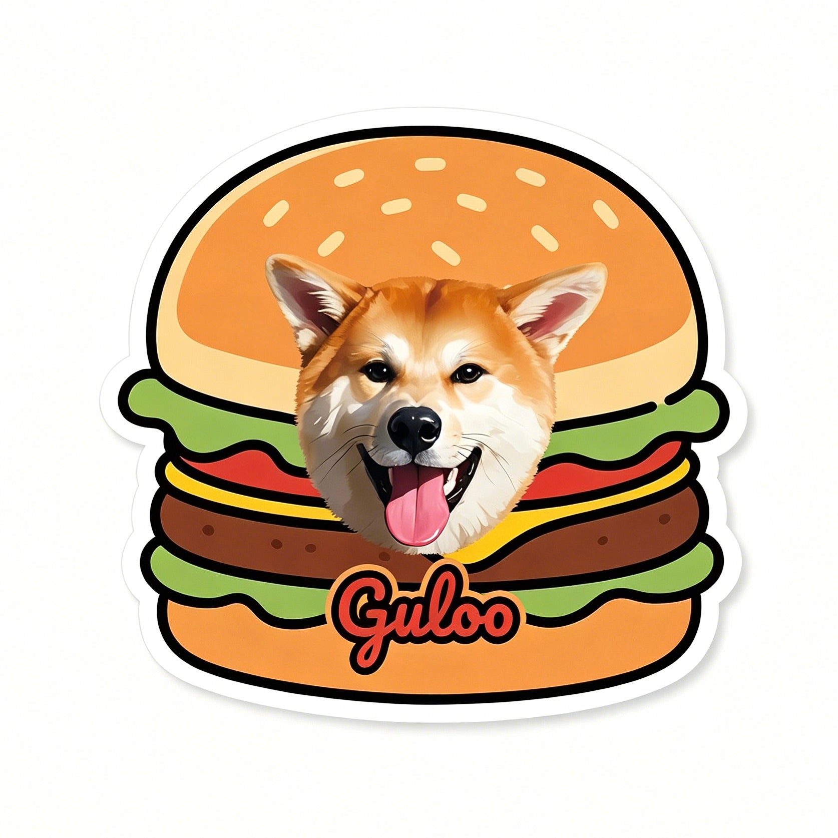 Dog with a hamburger design and 'Guloo' branding on a white background