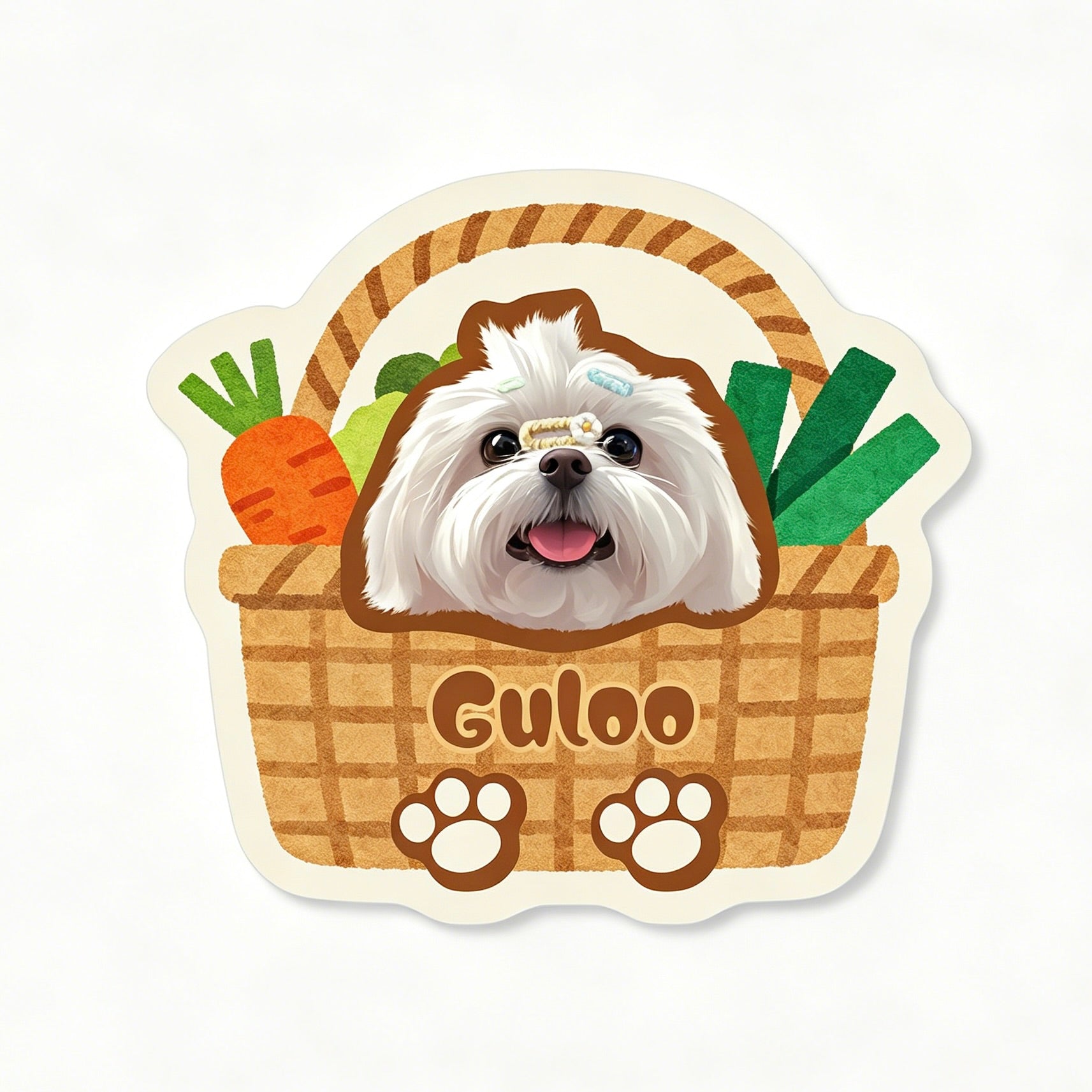 Sticker of a white dog in a basket with vegetables and 'Guloo' branding on a white background