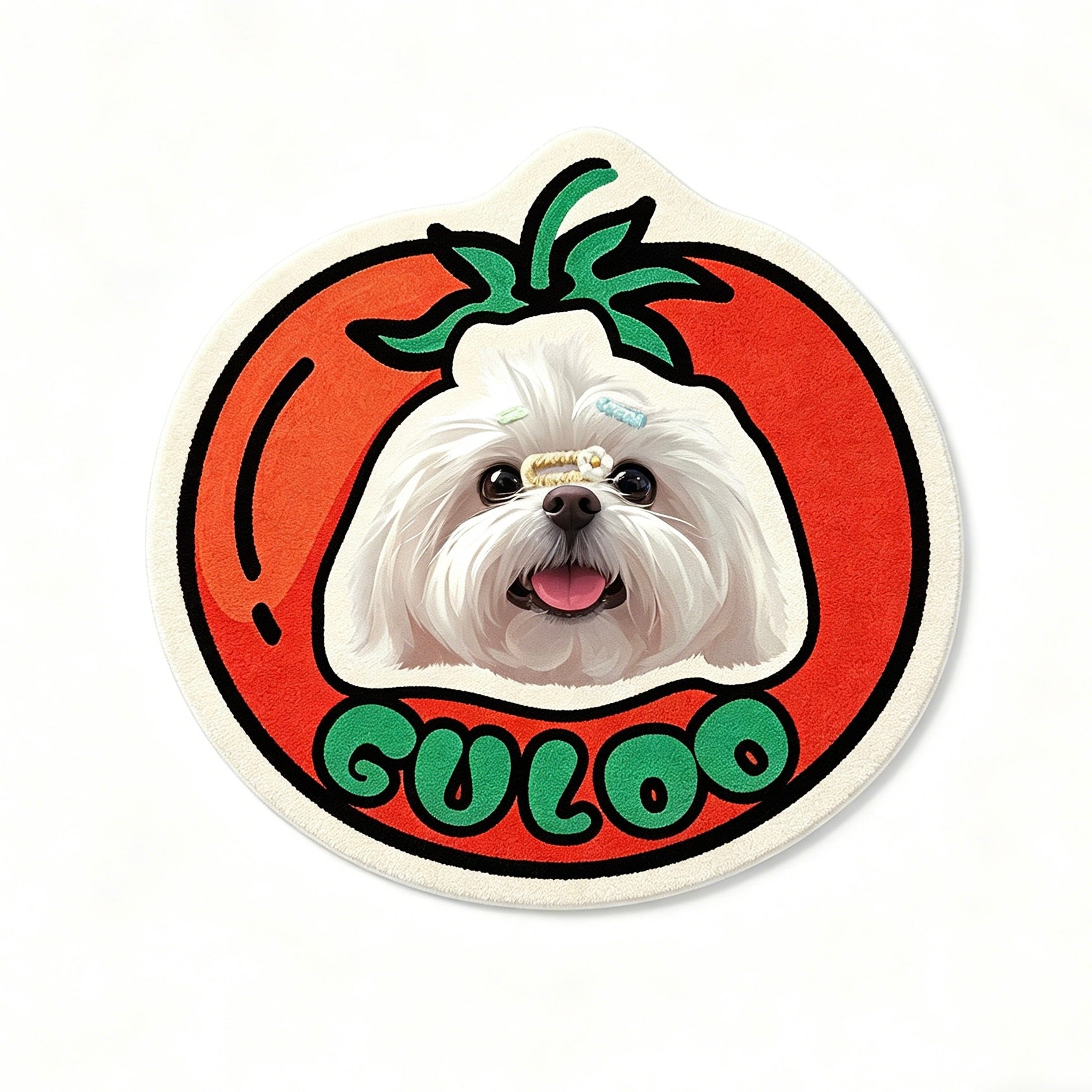 Circular sticker with a dog's face and the word 'Guloo' on a white background