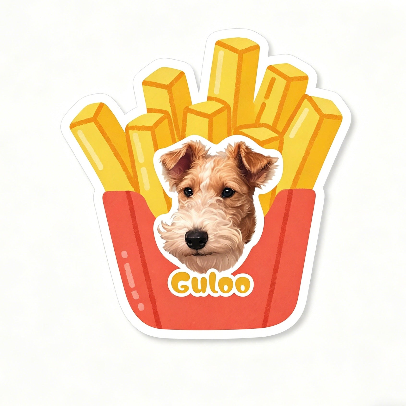 Sticker design of a dog inside a container of fries with 'Guloo' branding.