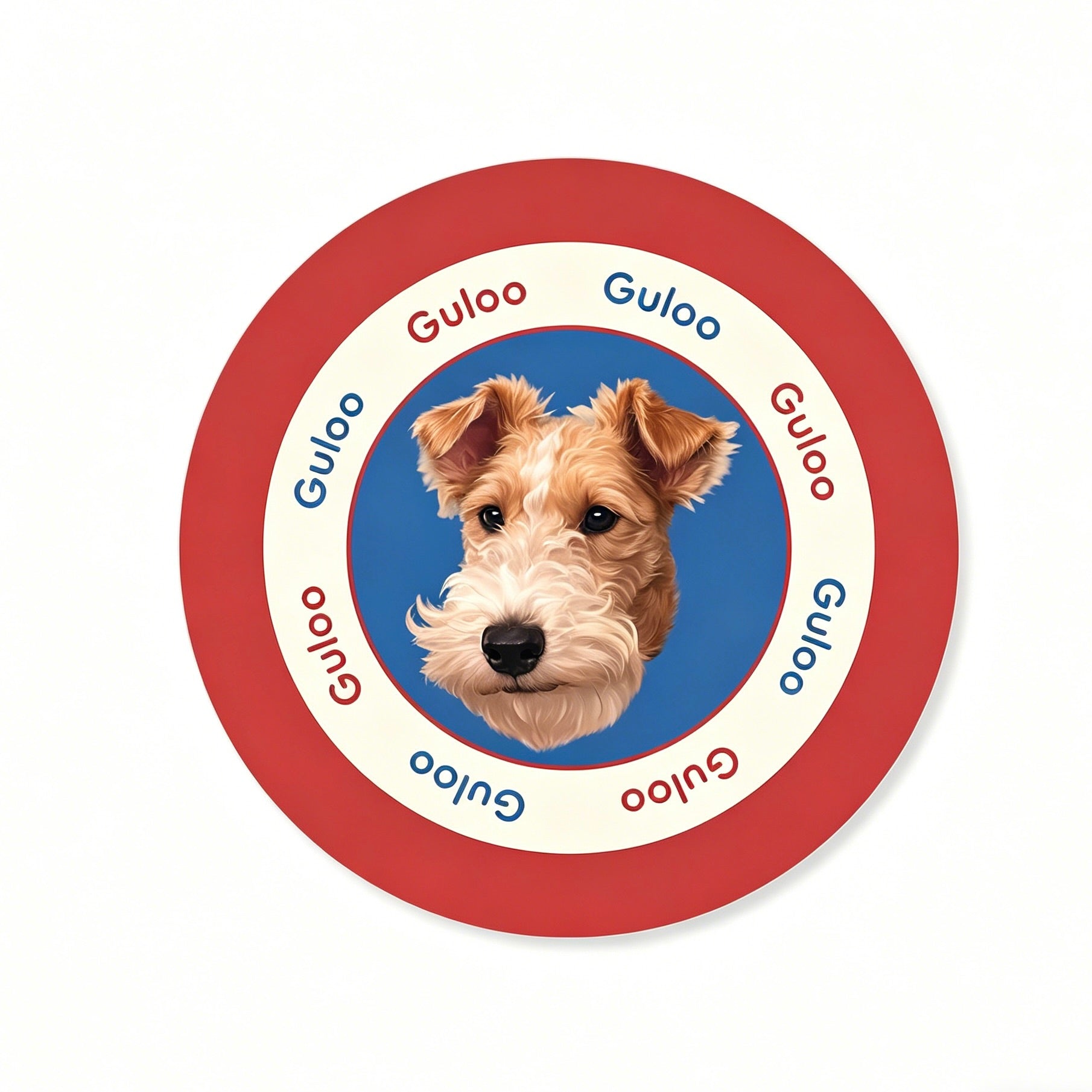 Circular sticker with a dog's face and 'Guloo' branding on a white background