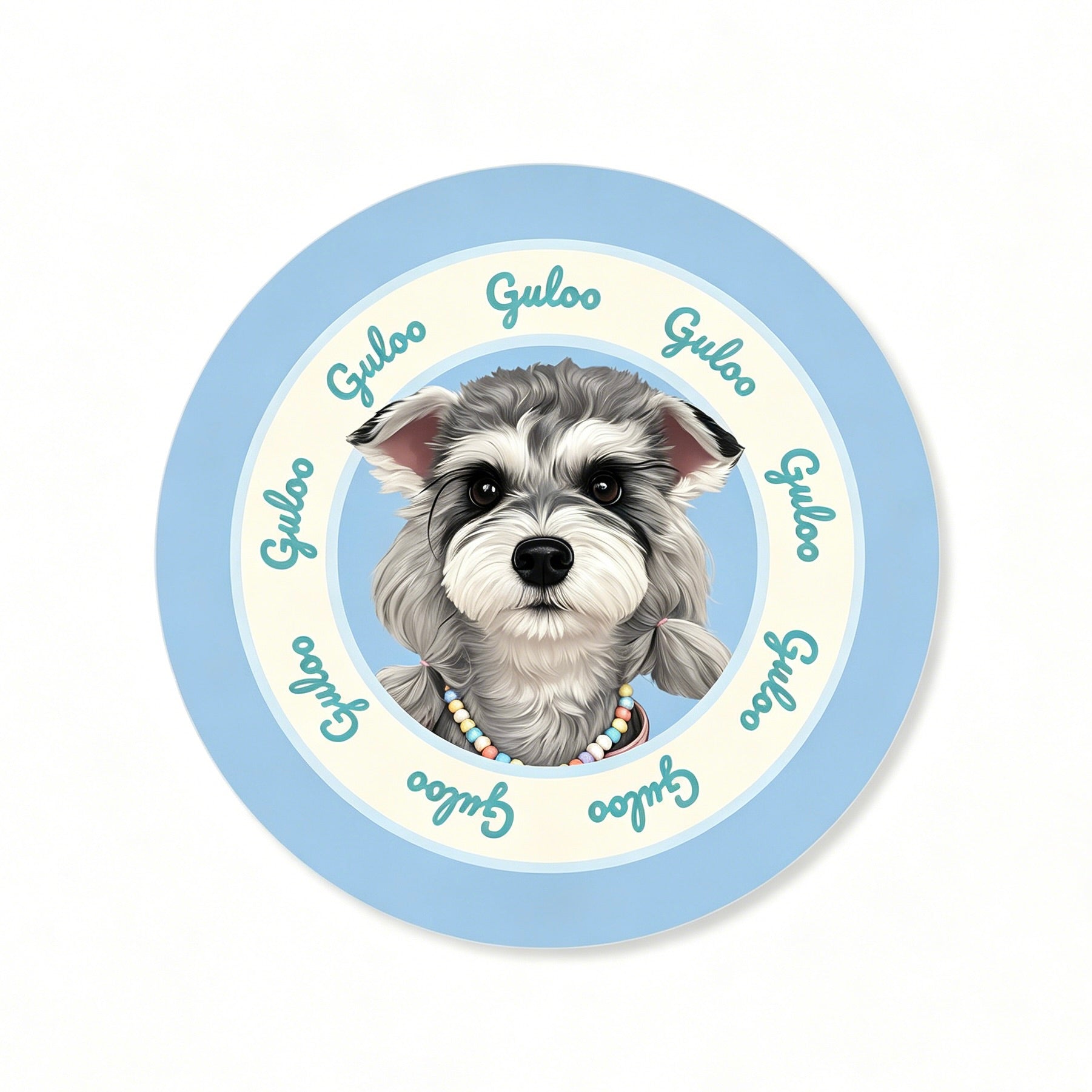 Circular sticker with a dog illustration and 'Gulloo' text on a white background