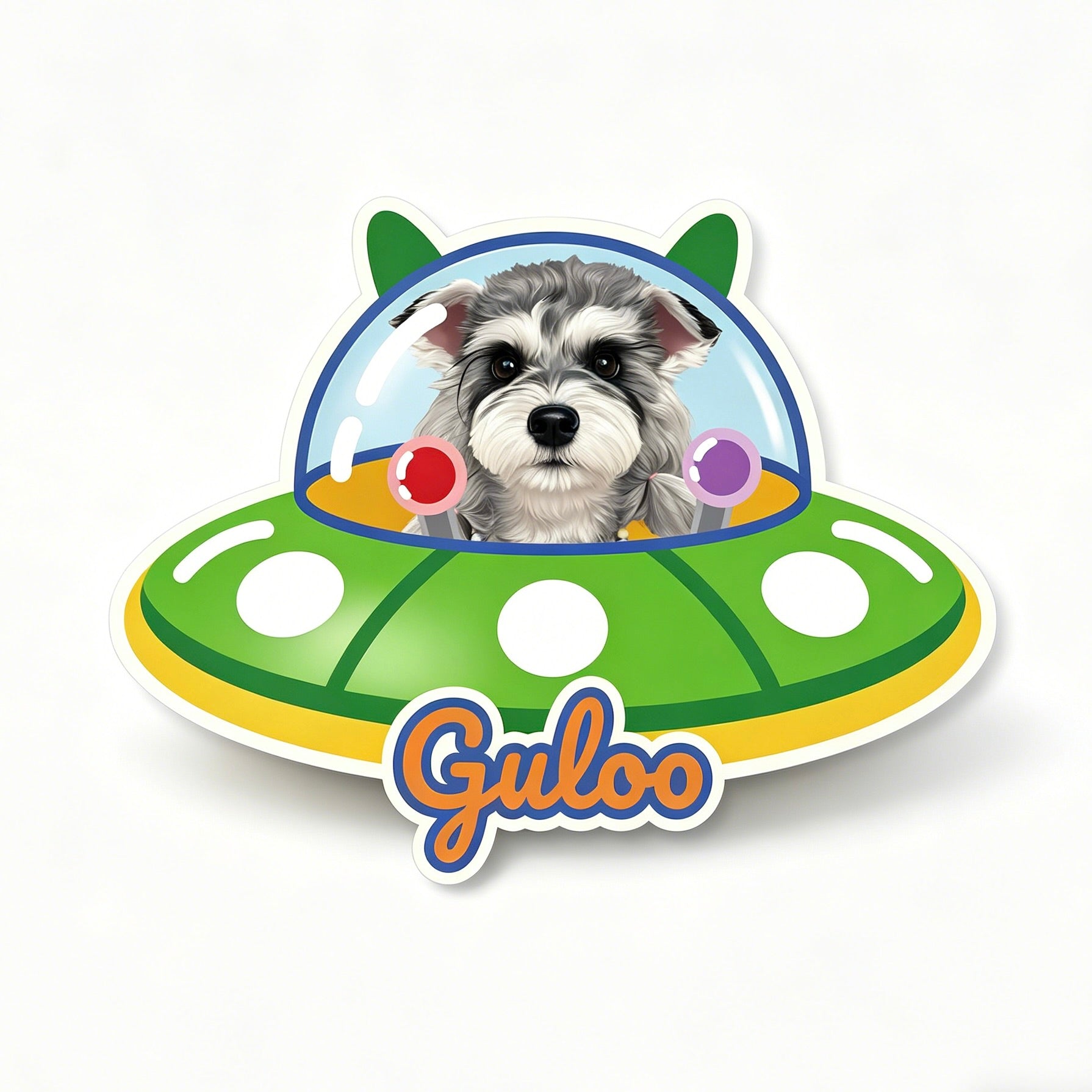 Sticker of a dog inside a green UFO with 'Guloo' branding on a white background