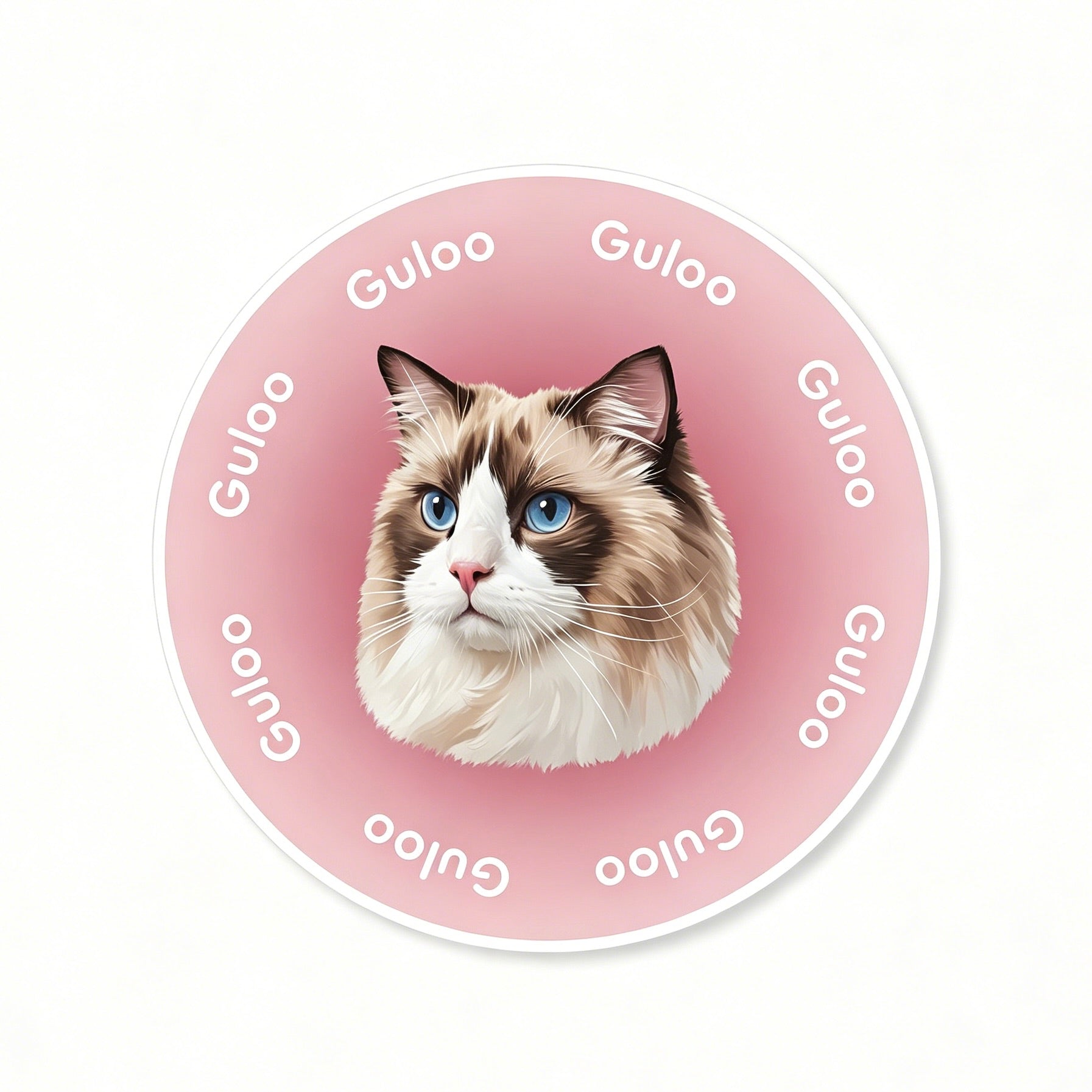Circular sticker with a cat's face and 'Guloo' branding on a pink background