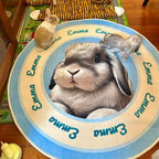 Round rug with a rabbit illustration and 'Emma' text, placed on a wooden floor.