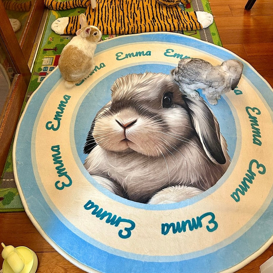 Round rug with a rabbit illustration and 'Emma' text, placed on a wooden floor.