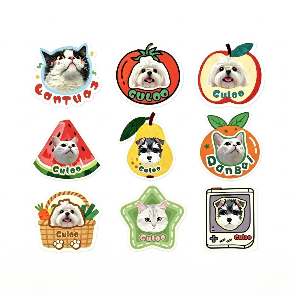 Set of dog-themed stickers with various designs on a white background