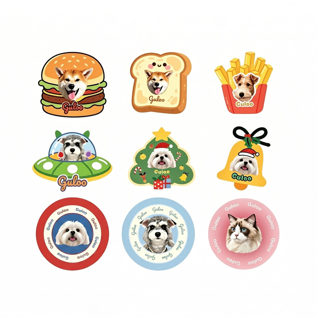 Set of dog-themed stickers with various designs on a white background