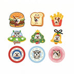 Set of dog-themed stickers with various designs on a white background