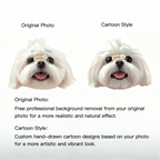 Comparison of a dog photo with and without cartoon style effects on a white background.