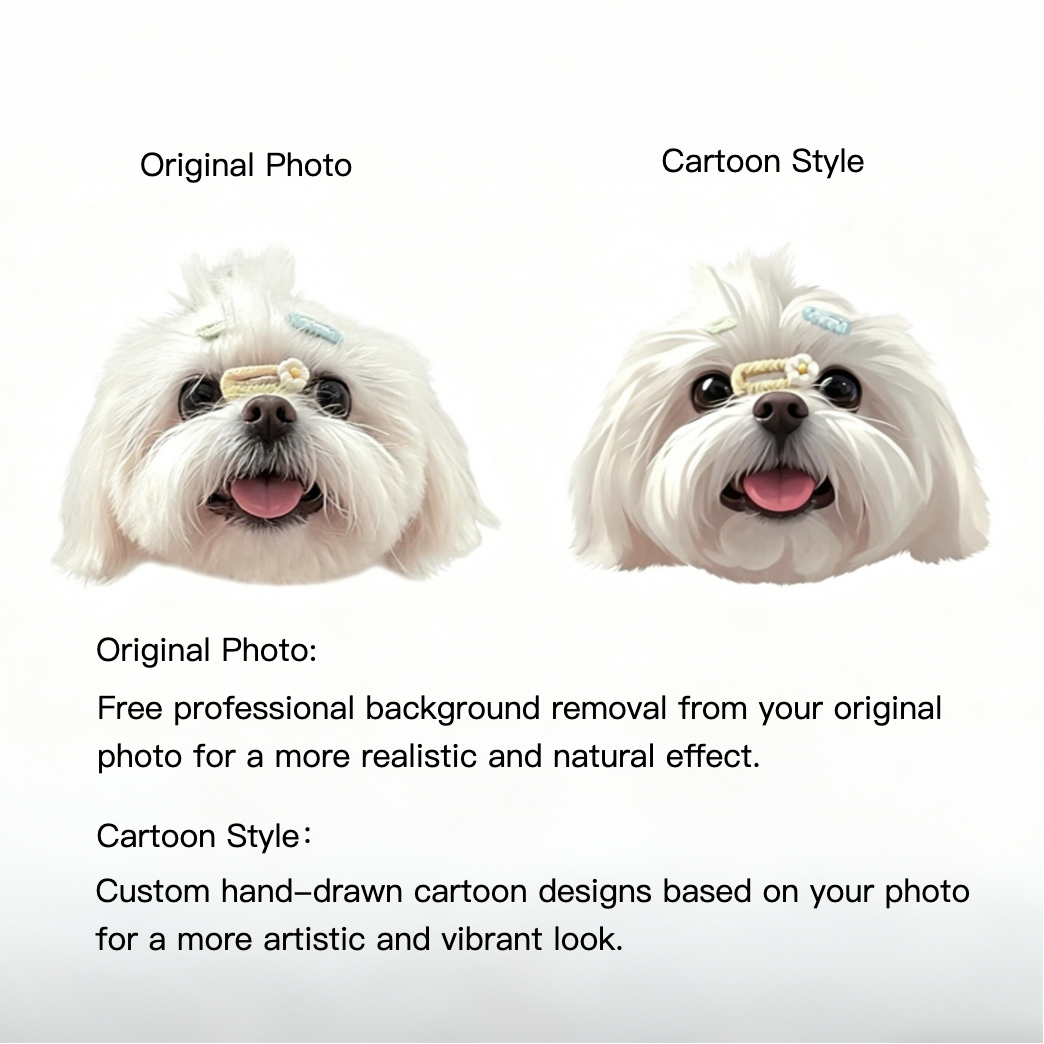 Comparison of a dog photo with and without cartoon style effects on a white background.