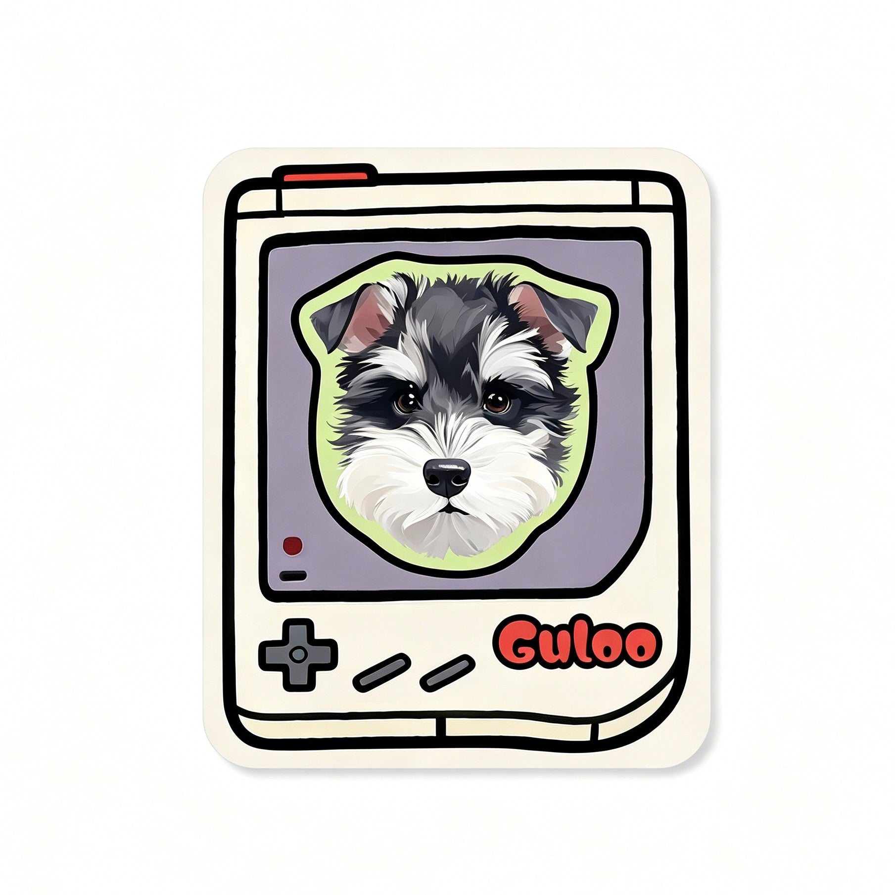 Sticker of a dog's face in a vintage video game console with 'Guloo' branding on a white background.