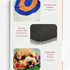 Product packaging with images of a dog, textured mats, and text about material and features.