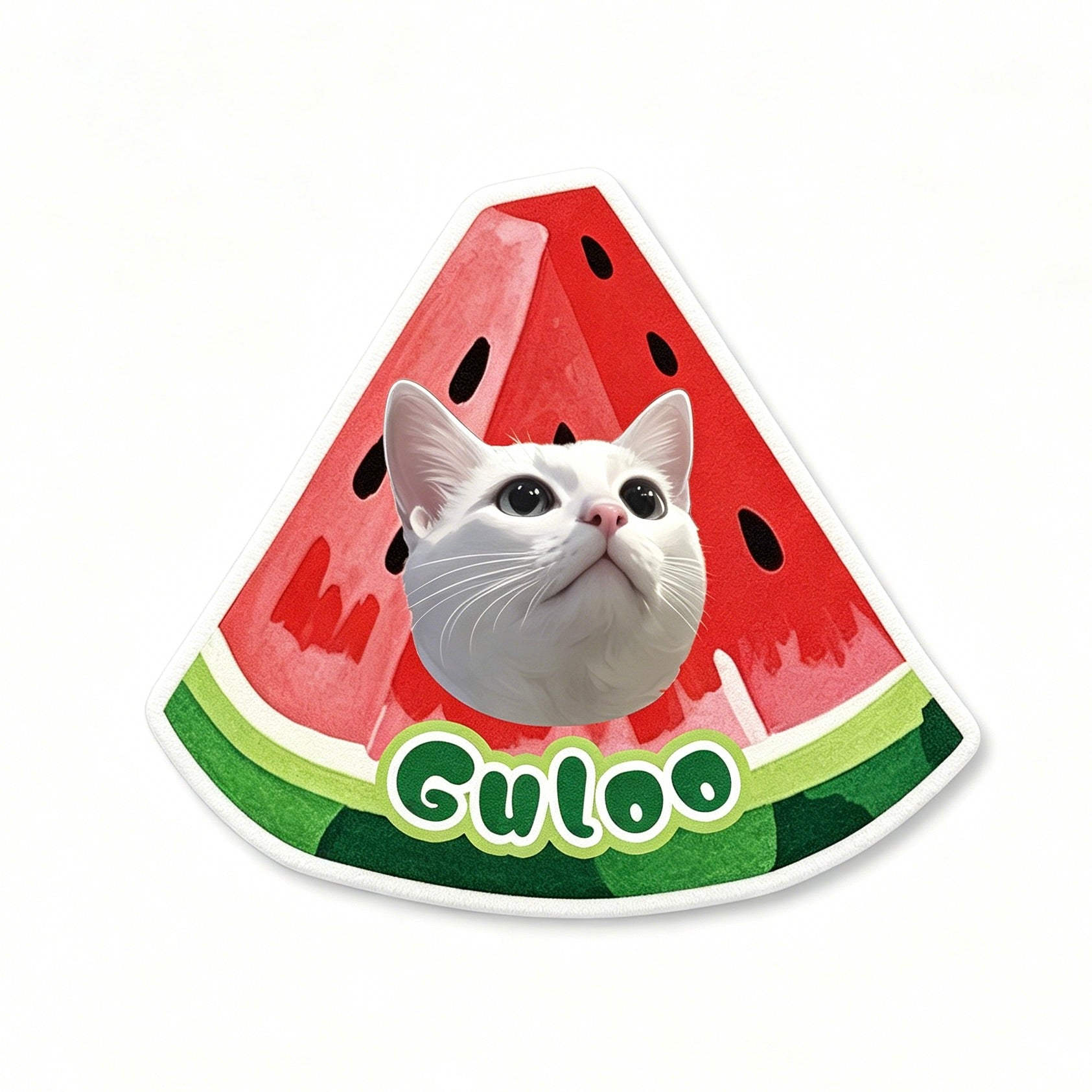 Watermelon slice with a cat's face and 'Guloo' branding on a white background