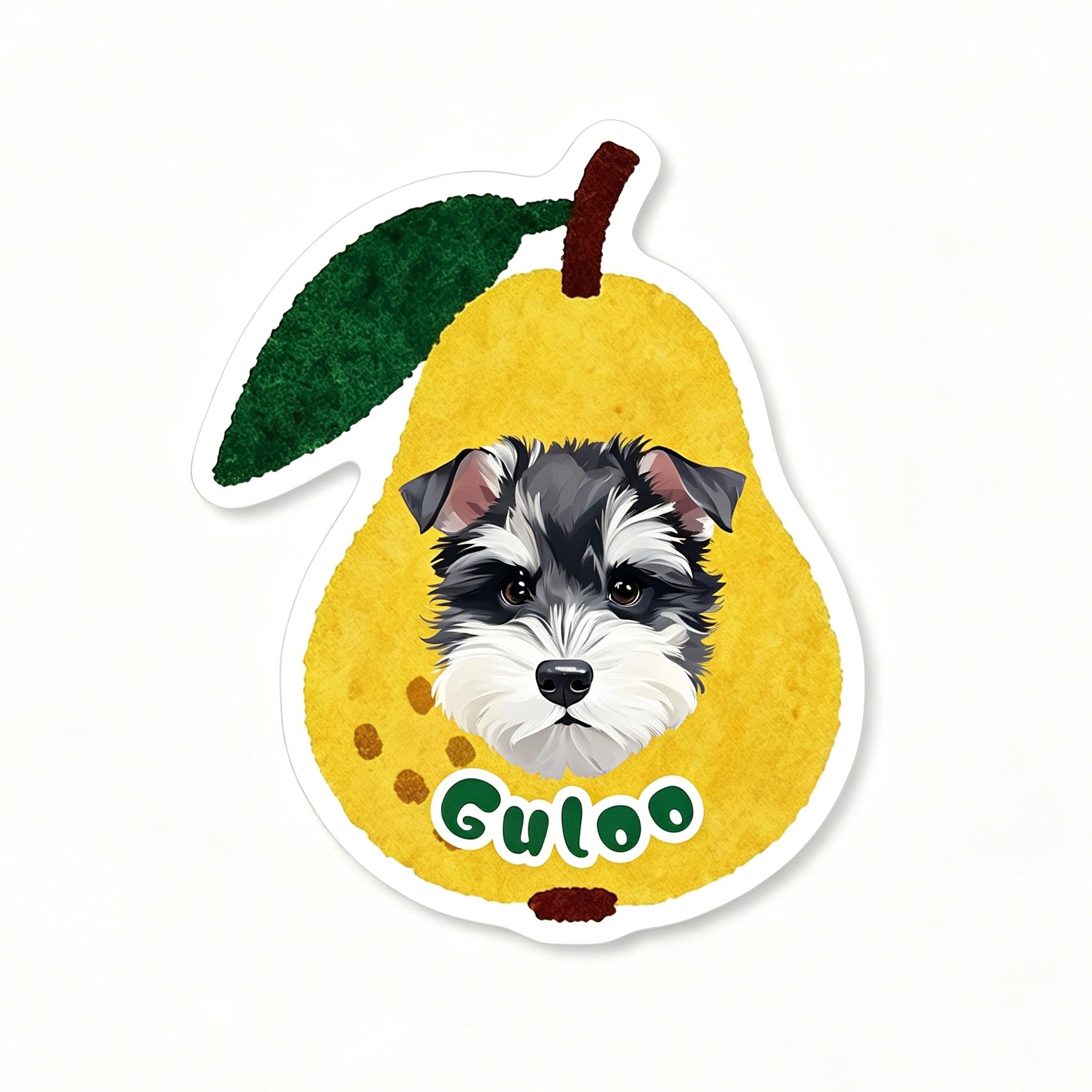 Sticker shaped like a pear with a dog's face and 'Guloo' text on a white background