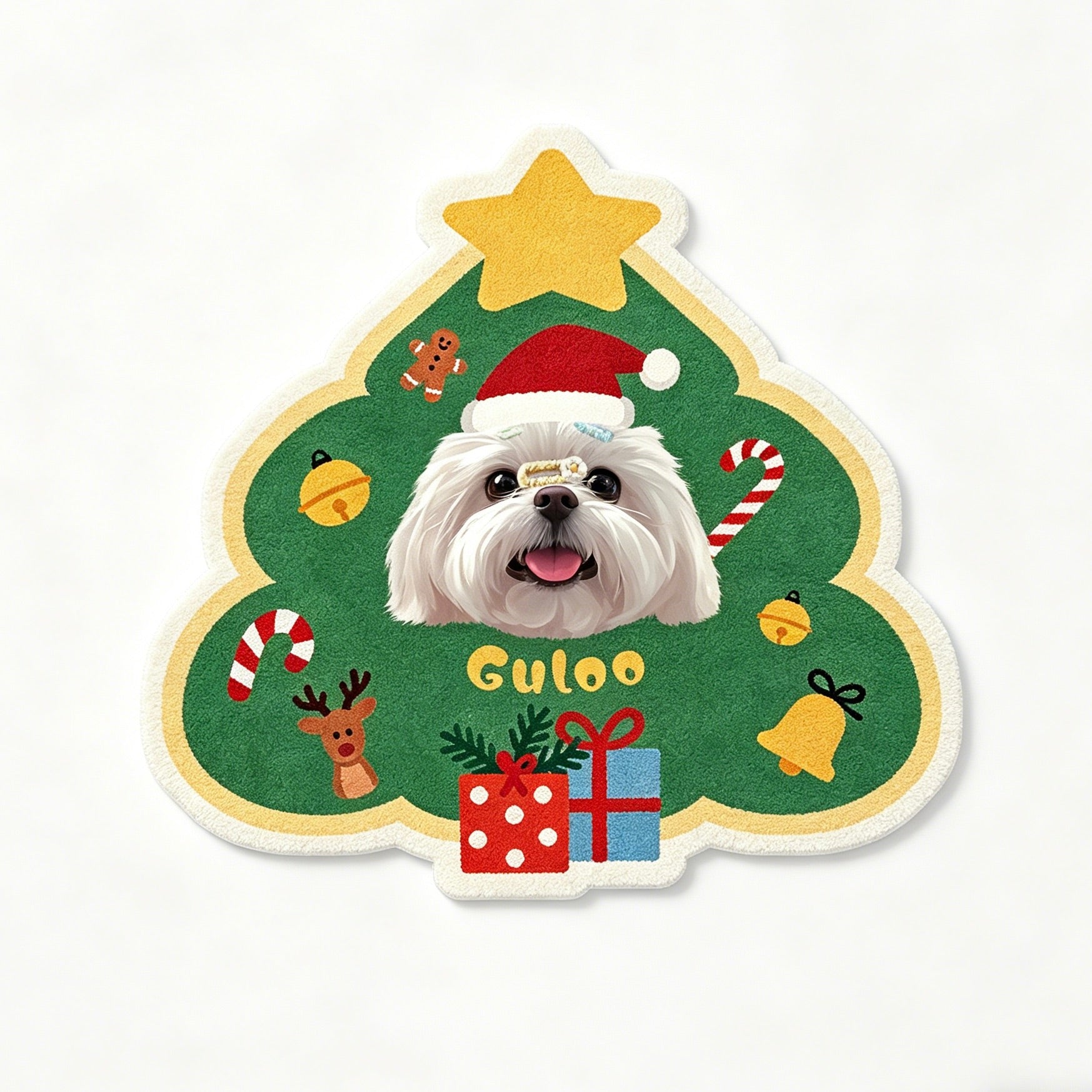 Christmas-themed decorative item with a dog wearing a Santa hat and festive elements.