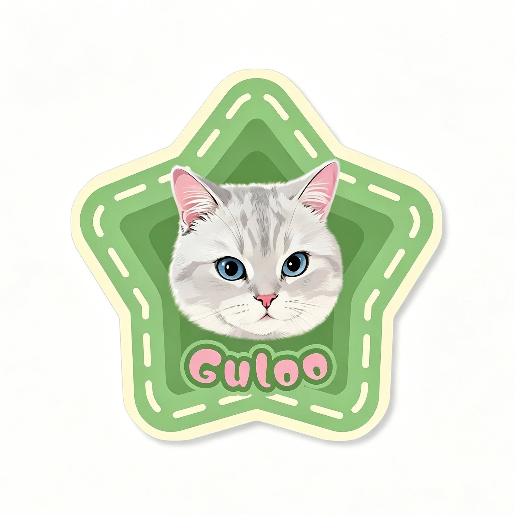 Star-shaped sticker with a cat's face and 'Guloo' text on a green background