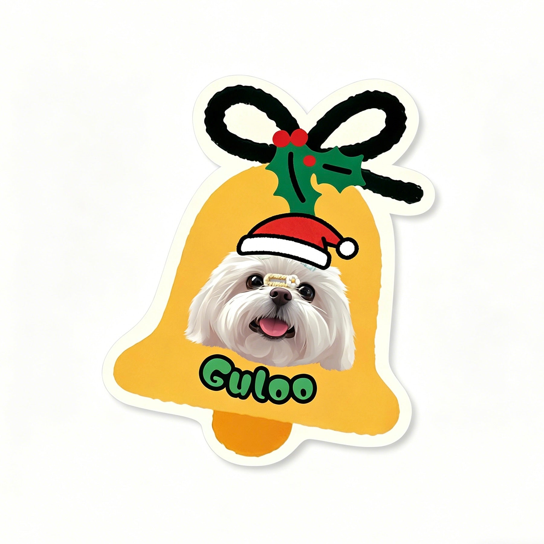 Sticker of a dog wearing a Santa hat inside a yellow bell with a holly leaf and red berry on a white background.