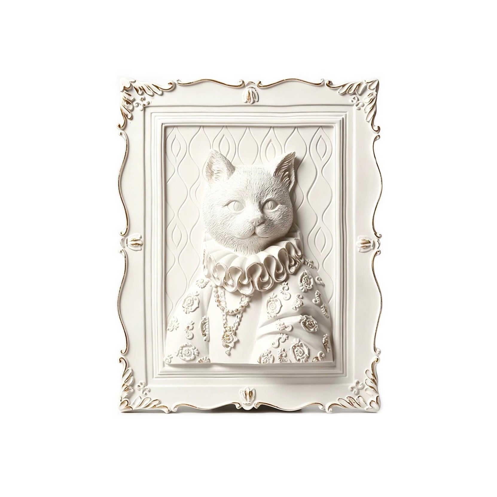 Decorative wall art of a cat with a decorative frame on a white background