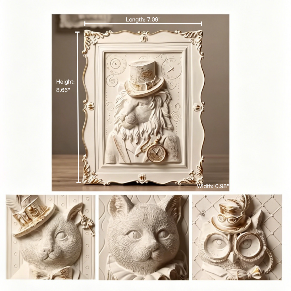 Decorative wall art with animal portraits in ornate frames.