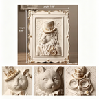 Decorative wall art with animal portraits in ornate frames.