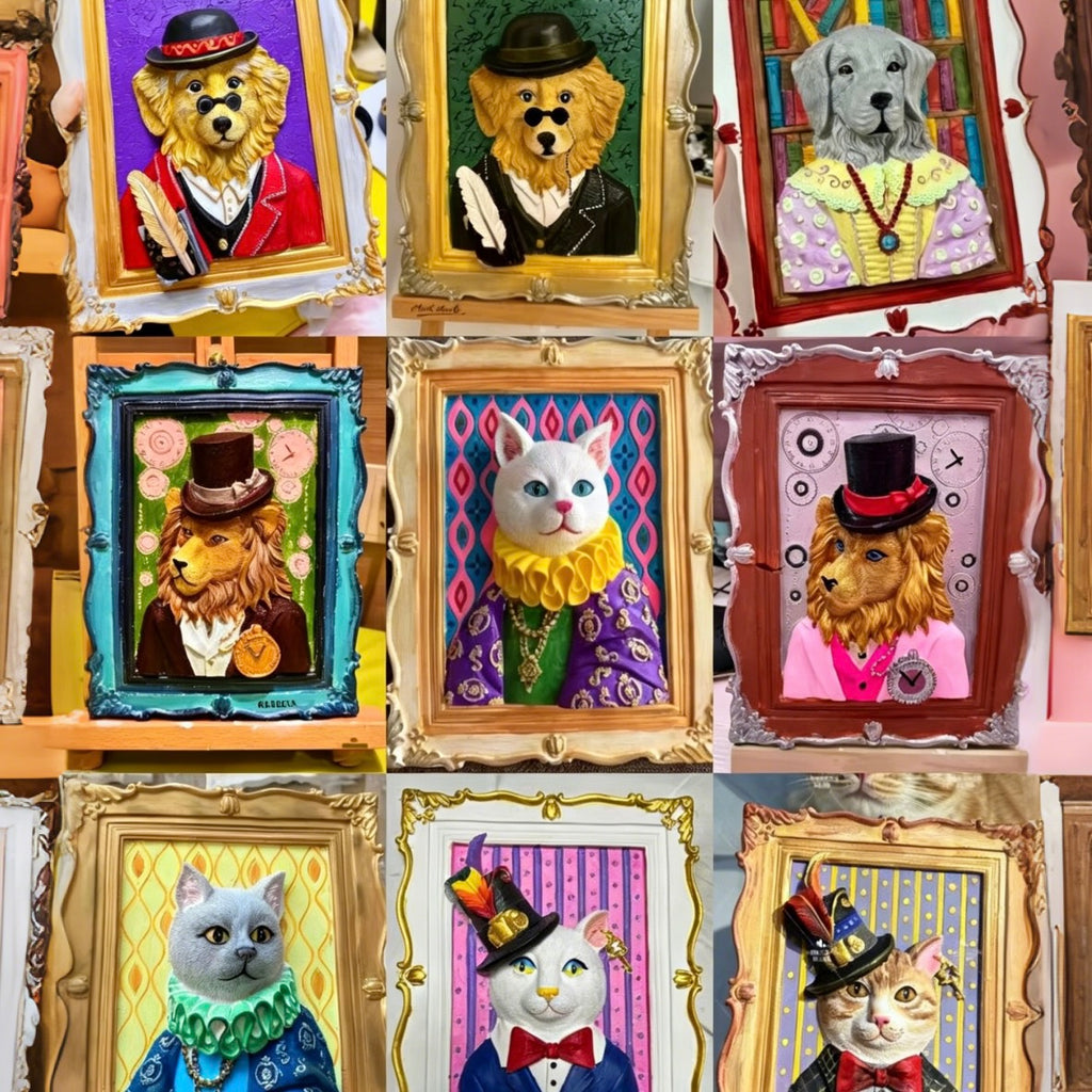 Collage of framed animal portraits wearing clothing and hats.