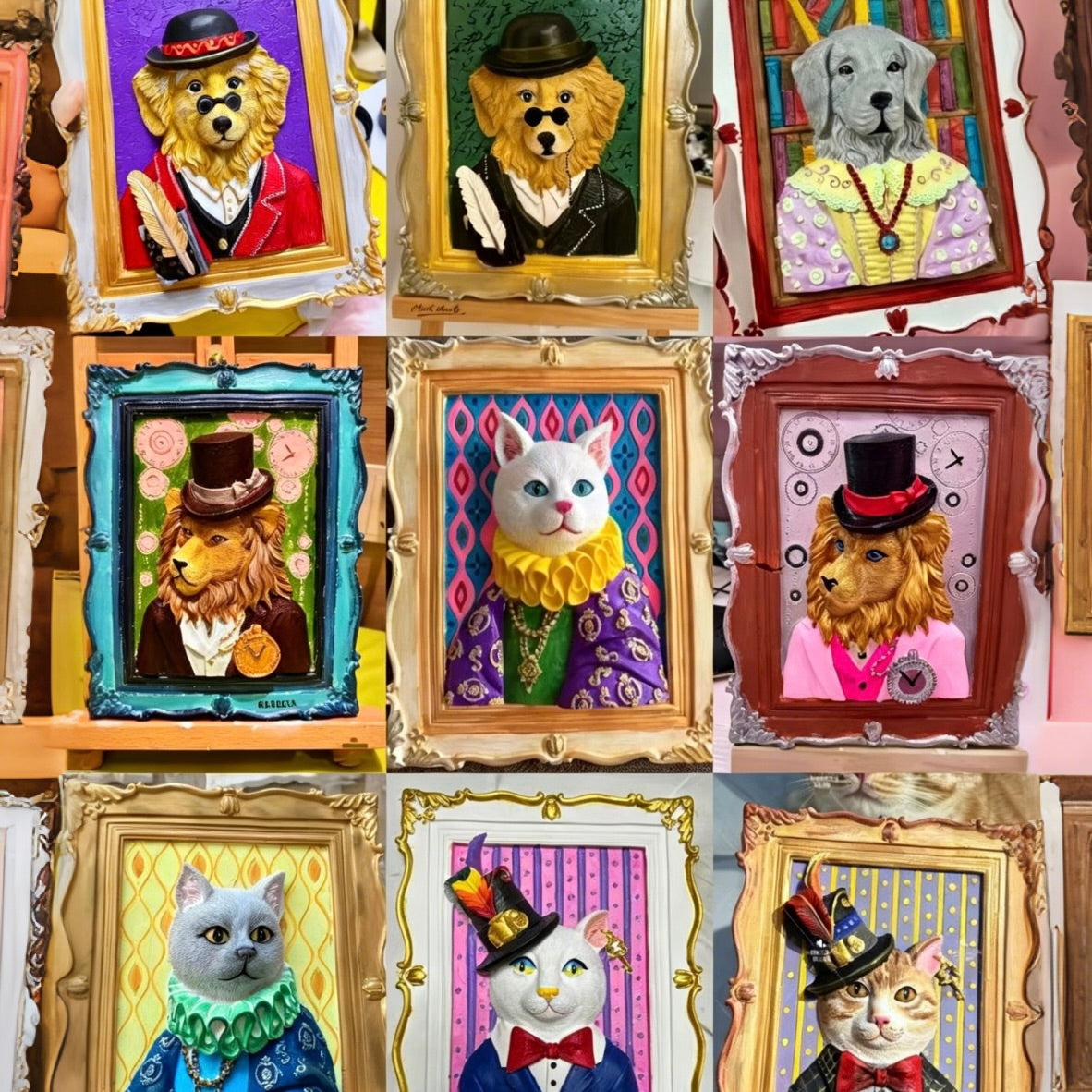 Collage of framed animal portraits wearing clothing and hats.