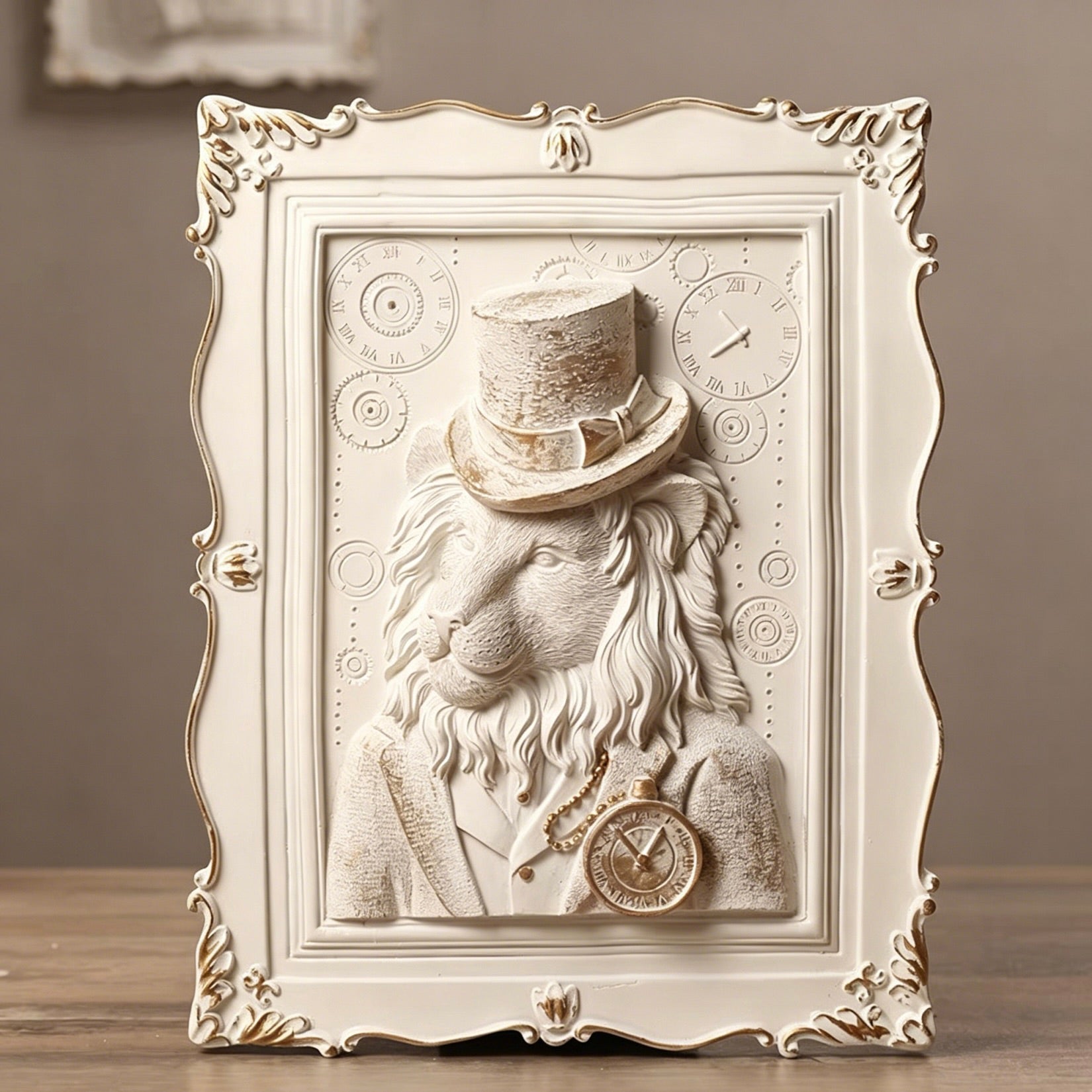 Decorative wall art with a lion wearing a top hat and monocle, framed in an ornate white frame.