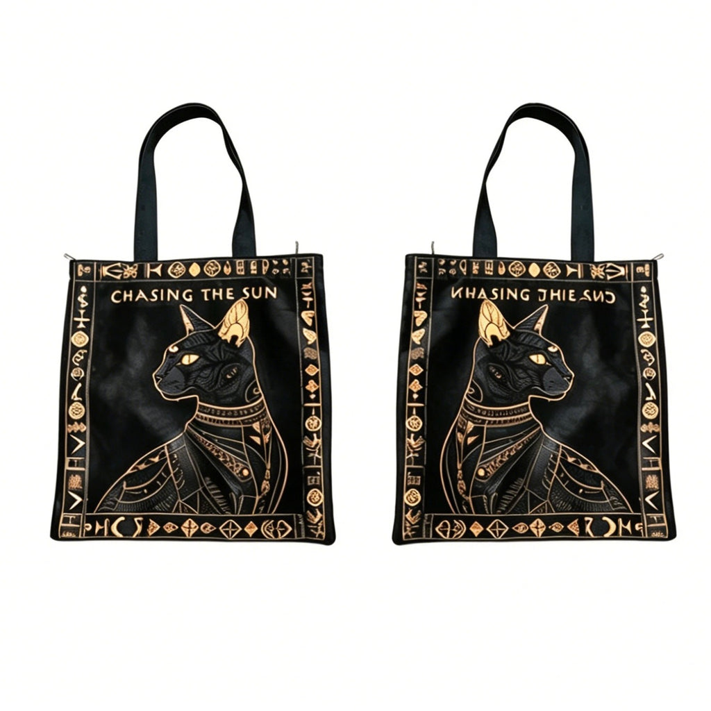 Two black tote bags with gold cat design and 'Chasing the Sun' text on a white background