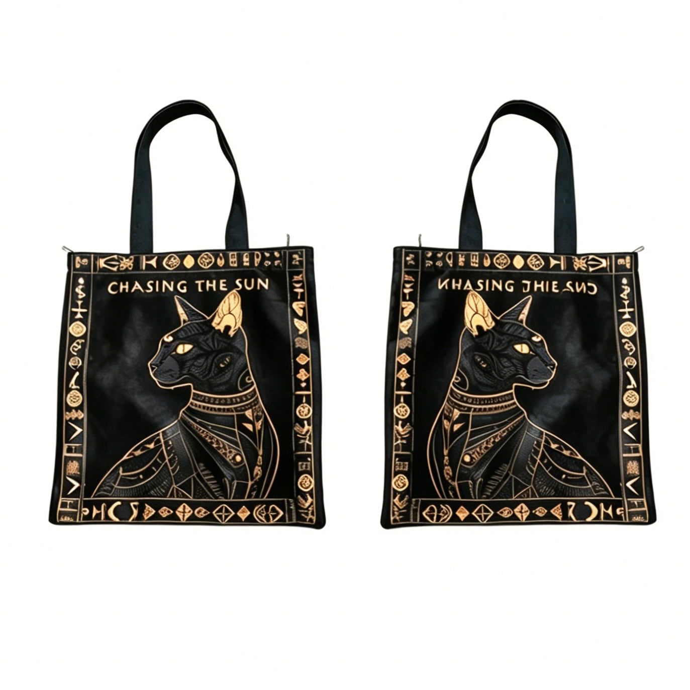 Two black tote bags with gold cat design and 'Chasing the Sun' text on a white background