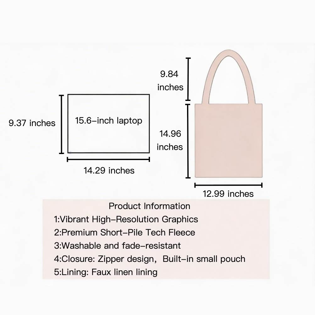 Beige tote bag with dimensions and product information on a white background