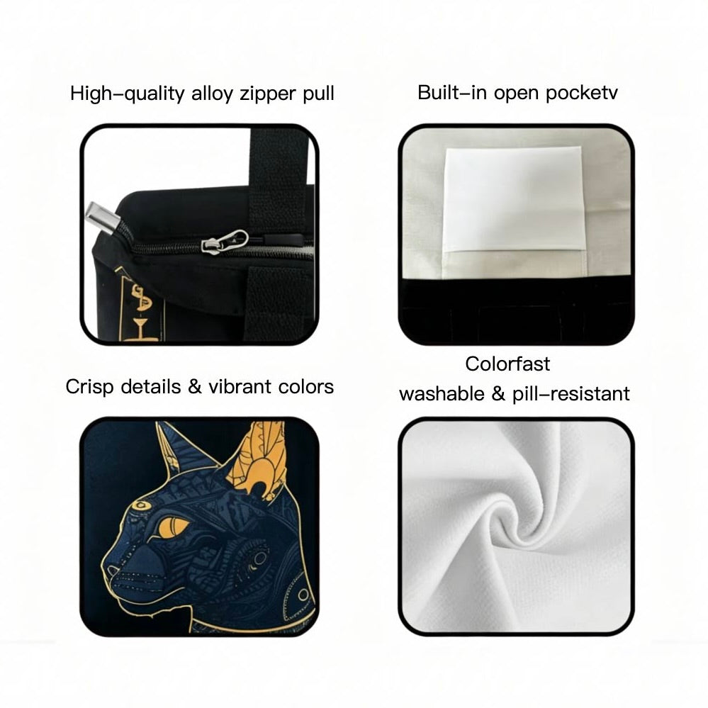 Product features including high-quality alloy zipper pull, built-in open pocket, crisp details, vibrant colors, colorfast washable fabric, and pill-resistant material.