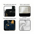 Product features including high-quality alloy zipper pull, built-in open pocket, crisp details, vibrant colors, colorfast washable fabric, and pill-resistant material.