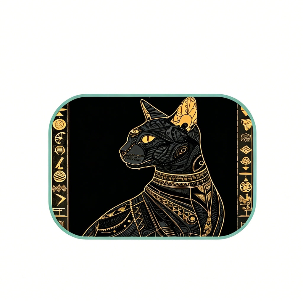 Decorative tray with a stylized black cat design on a black background with gold accents.