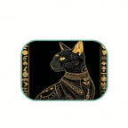 Decorative tray with a stylized black cat design on a black background with gold accents.