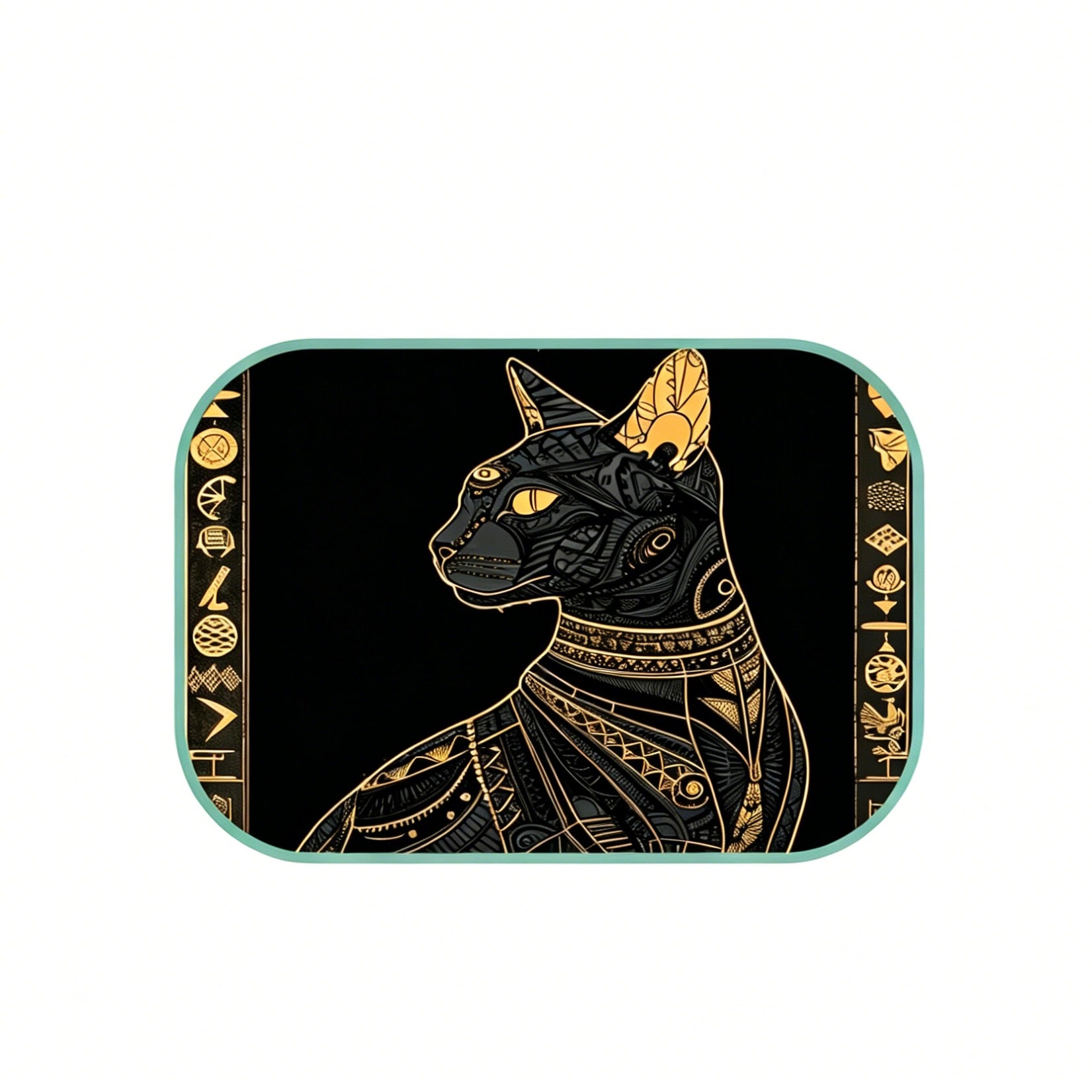 Decorative tray with a stylized black cat design on a black background with gold accents.