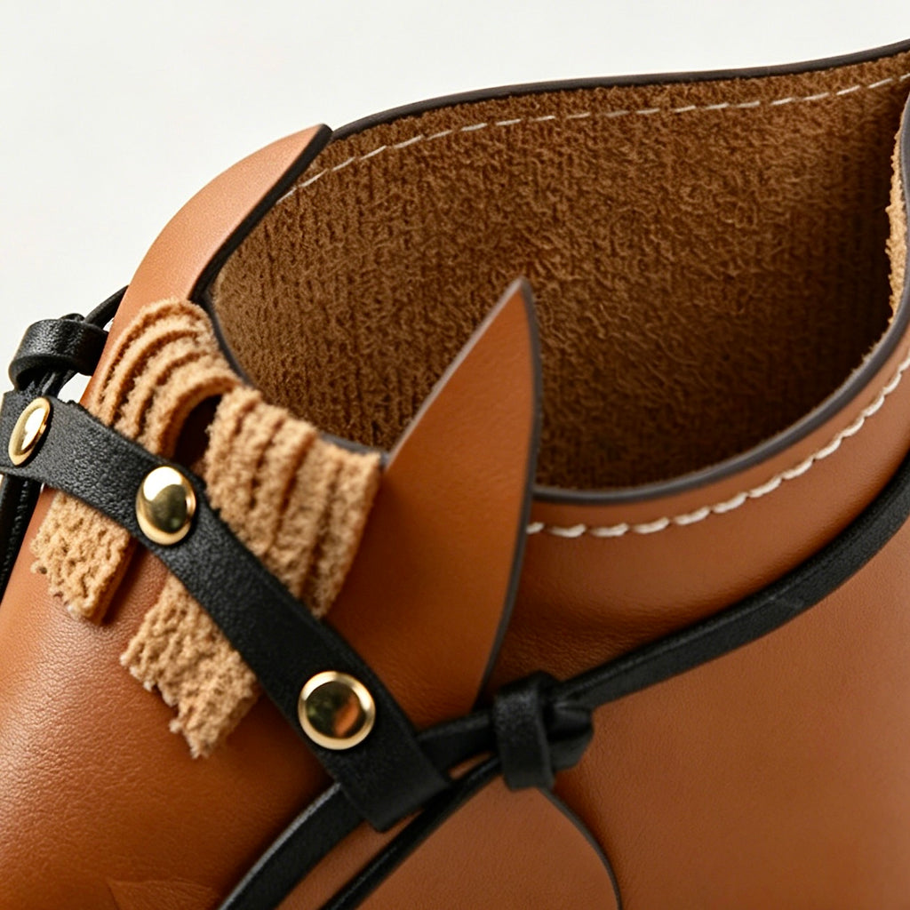 Close-up of the interior of the leather horse desk organizer designed for pens and makeup brushes.
