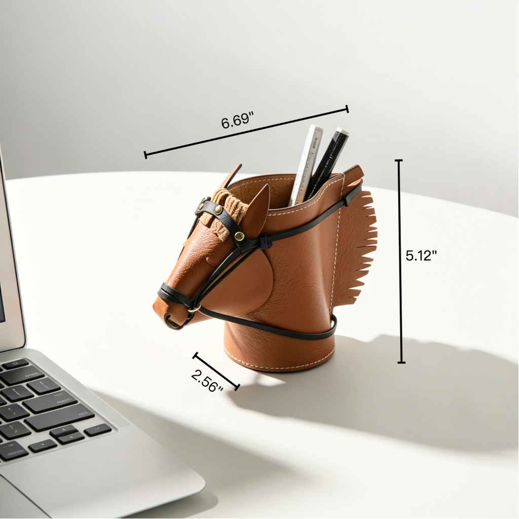 Equestrian leather pen holder showing the detailed stitching and upright storage compartment for office tools.